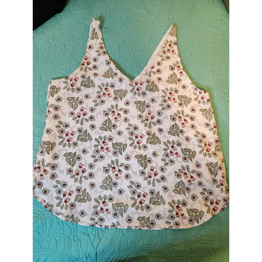 LOFT Floral V-Neck Sleeveless Tank Top White Pink Green SP22 586634 Womens M